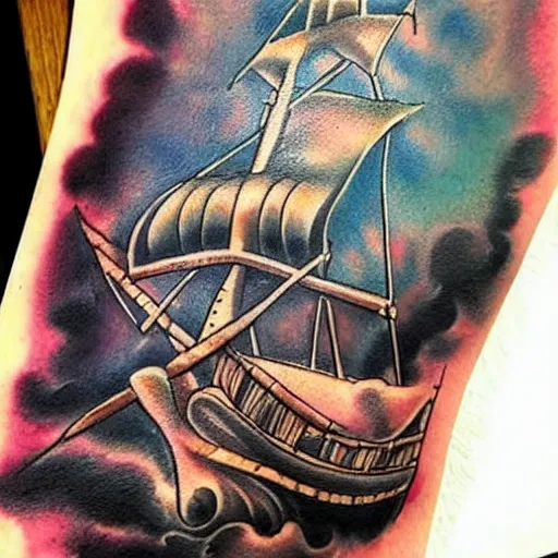 Image similar to A magical pirate ship, tattoo design on white background, hyper realistic shaded tattoo, award winning tattoo