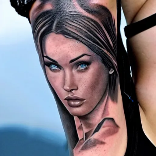 Image similar to realism tattoo sketch of double exposure megan fox with beautiful mountain scenery, in the style of andrey lukovnikov