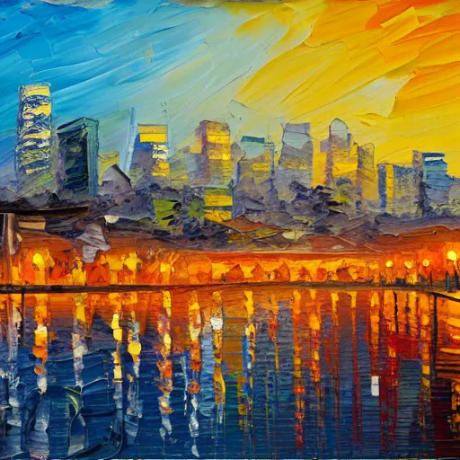 Image similar to palette knife oil painting of downtown los angeles at dusk