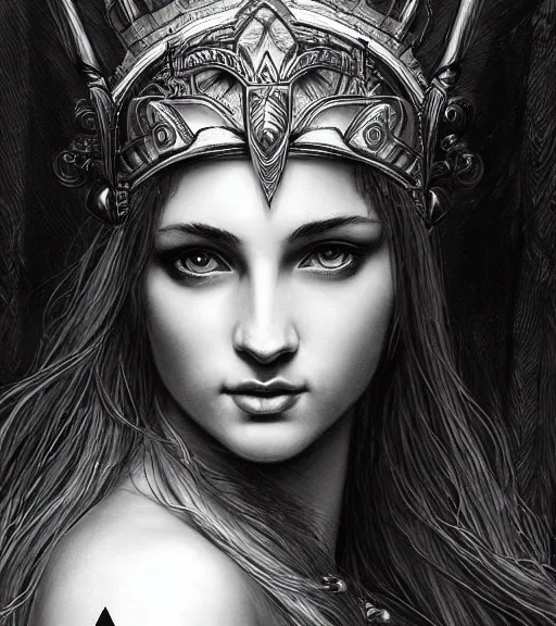 Image similar to beautiful aphrodite goddess wearing an arrow on her head, realistic face, beautiful eyes, black and white drawing, in the style of greg rutkowski, fantasy, amazing detail, epic, intricate, elegant, smooth, sharp focus