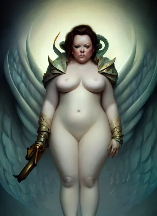 Prompt: melissa mccarthy as an angel, backround dark, highly detailed, digital illustration, trending in artstation, modern painting, smooth, sharp focus, intricate, by peter mohrbacher