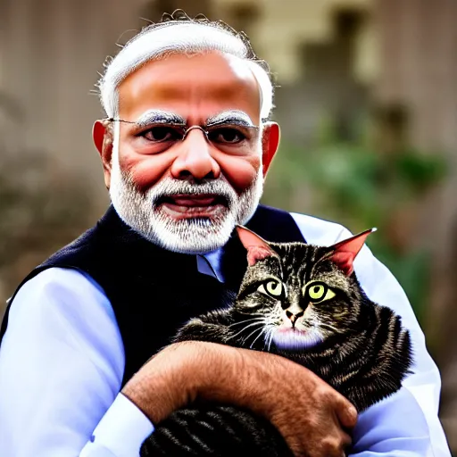 Prompt: narendra modi holding a cat in his arms, sony a 7 r