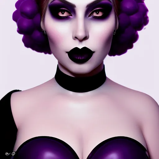 Prompt: portrait of a curvy feminine hot pale goth woman with classy, elaborate, elegant, sophisticated, shiny, black lipstick, purple makeup, cgsociety, realistic, highly detailed, sublime, 16k, smooth, sharp focus, trending on ArtStation, hyperdetailed, volumetric lighting