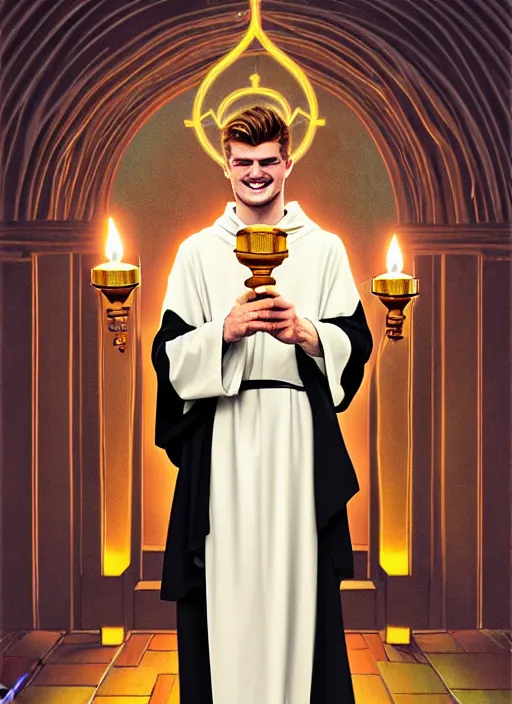 Prompt: grinning timo werner as a priest wearing robes. holding golden candlestick, in a monestry natural lighting, path traced, highly detailed, high quality, digital painting, by don bluth and ross tran and studio ghibli and alphonse mucha, artgerm