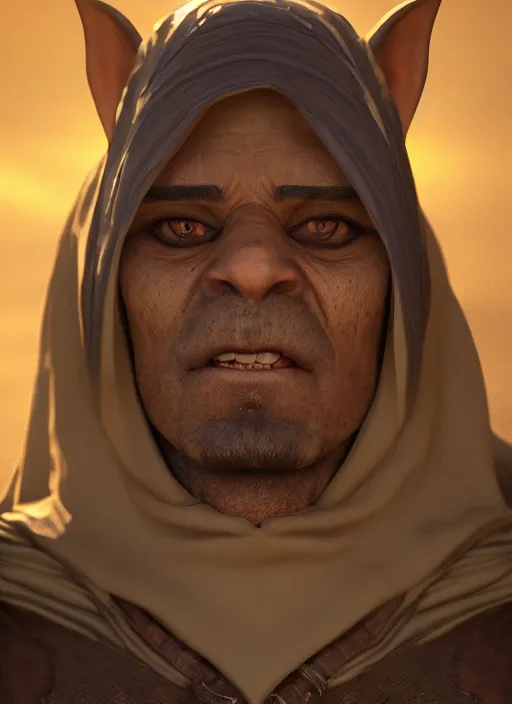 Image similar to portrait of a goblin as arab sheik, trending in artstation, cinematic lighting, studio quality, smooth render, unreal engine 5 rendered, octane rendered, art style by klimt and nixeu and ian sprigger and wlop and krenz cushart.