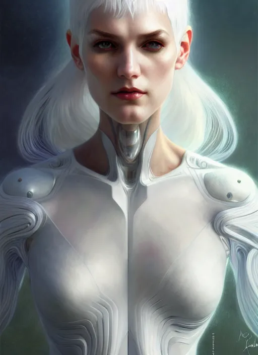 Image similar to organic cyborg, white hair, diffuse lighting, fantasy, intricate, elegant, highly detailed, lifelike, photorealistic, digital painting, artstation, illustration, concept art, smooth, sharp focus, art by John Collier and Albert Aublet and Krenz Cushart and Artem Demura and Alphonse Mucha