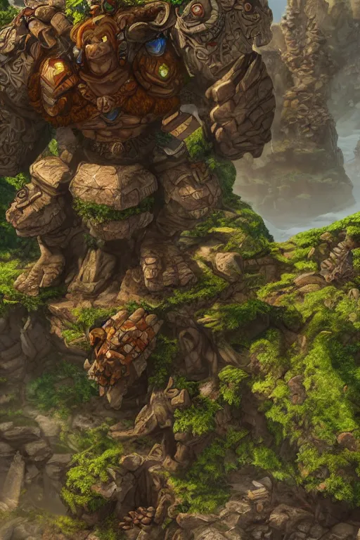 Image similar to zelda fantasy art giant golem troll wood rock greeble gemstone, global illumination ray tracing hdr fanart arstation by sung choi and eric pfeiffer and gabriel garza and casper konefal