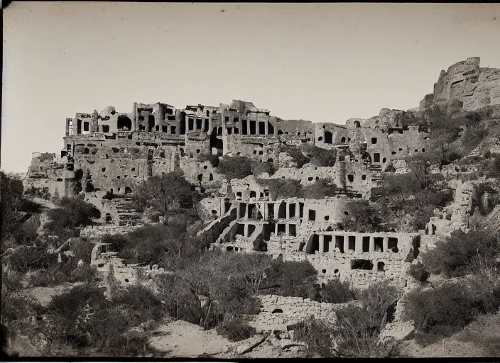 Image similar to Photograph of sprawling pueblo ruins carved out of a cliff face, showing terraced gardens and narrow stairs in lush desert vegetation in the foreground, albumen silver print, Smithsonian American Art Museum