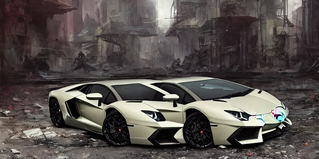 Image similar to lamborghini aventador in the abandoned city by frank frazetta, greg rutkowski, beeple, yoko taro