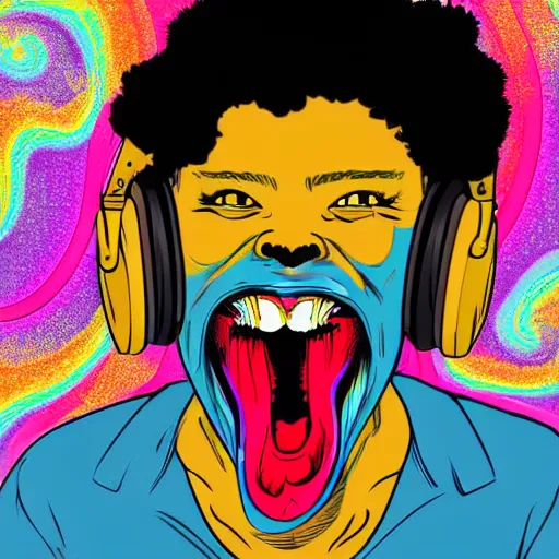 Image similar to artgerm, psychedelic laughing demon, rocking out, headphones dj rave, digital artwork, r. crumb, svg vector