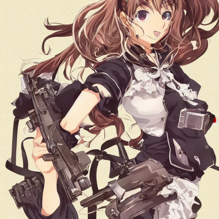 Image similar to beautiful illustration of anime maid holding machine gun, stunning and rich detail, pretty face and eyes, action pose