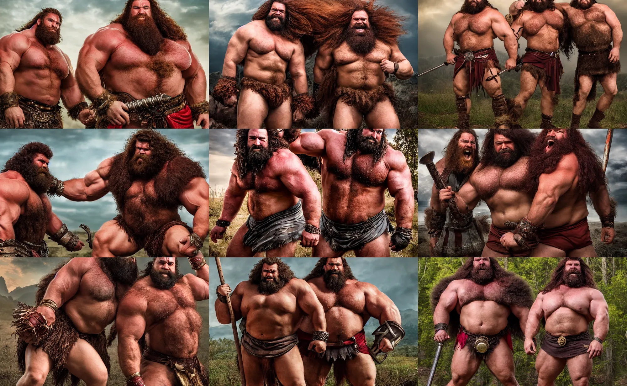 Prompt: two big hairy thick masculine barbarian strongman kings with massive muscle and dark red hair in metal loincloths, photography, highly detailed, epic, high definition, 4 k, 8 k, dad energy