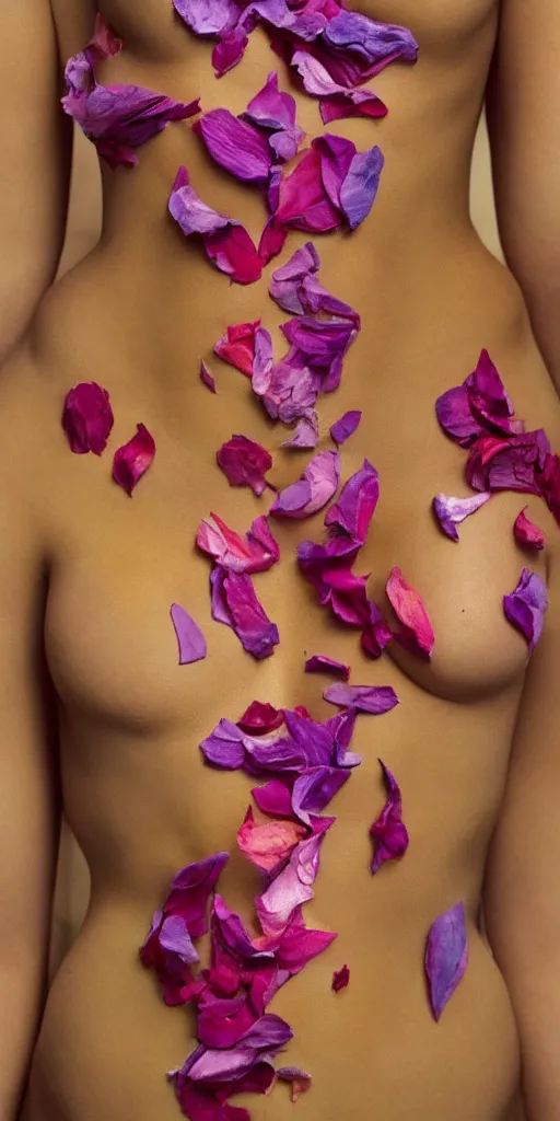 Prompt: a closeup photograph of a beautiful human body, skin made of flower petals, no face, highly detailed, hyperrealism