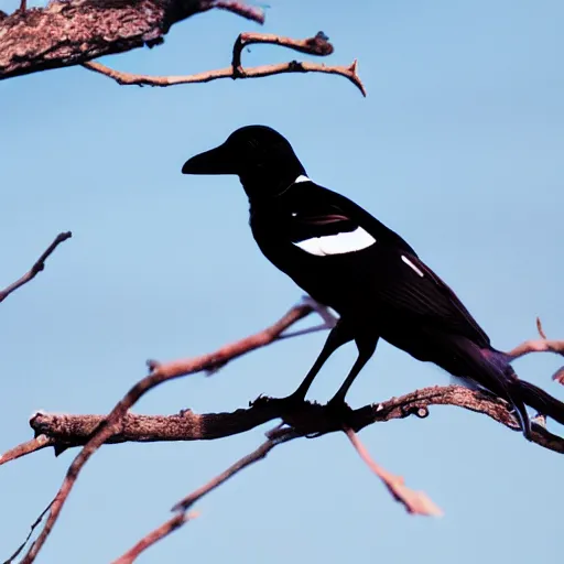 Prompt: Magpie resting on a tree branch, synthwave , medium shot.