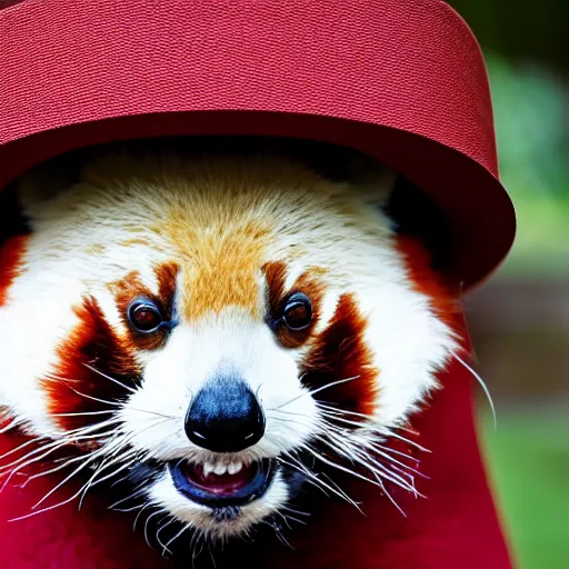 Prompt: portrait photo of a small happy chunky fluffy straw hat wearing red panda, looking into the camera, indoors, f 1. 4, golden ratio, overcast day