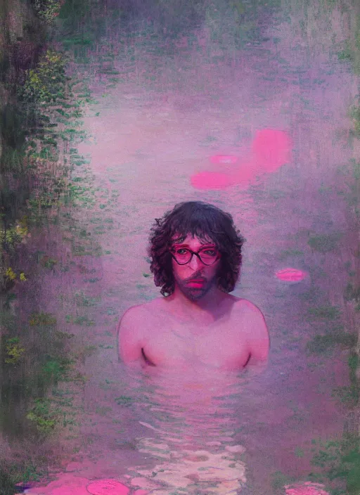 Prompt: sam hyde emerging from pink water by greg rutkowski, claude monet, conrad roset, takato yomamoto, rule of thirds, sigma look, beautiful