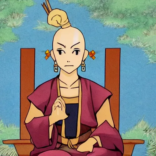 Prompt: ! dream a warrior princess sitting in her court, in the style of the last airbender