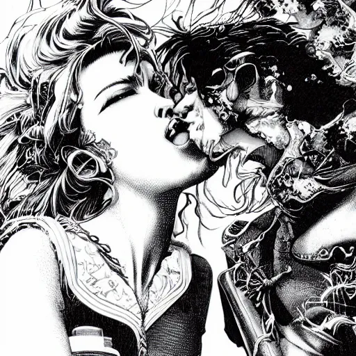 Image similar to closeup of vampire kiss, by yoichi hatakenaka, masamune shirow, josan gonzales and dan mumford, ayami kojima, takato yamamoto, karol bak