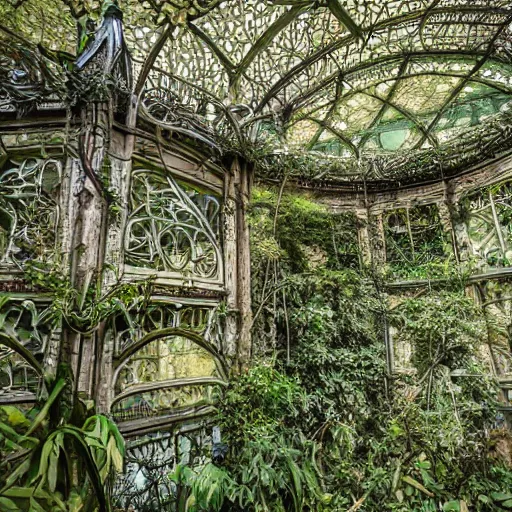 Prompt: abandoned overgrown art nouveau winter garden, epic details