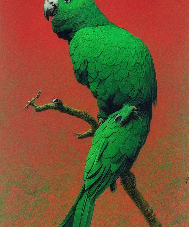 Image similar to beautiful emerald green parrot with red aura and eyes, by zdzisław beksinski, by gustave dore