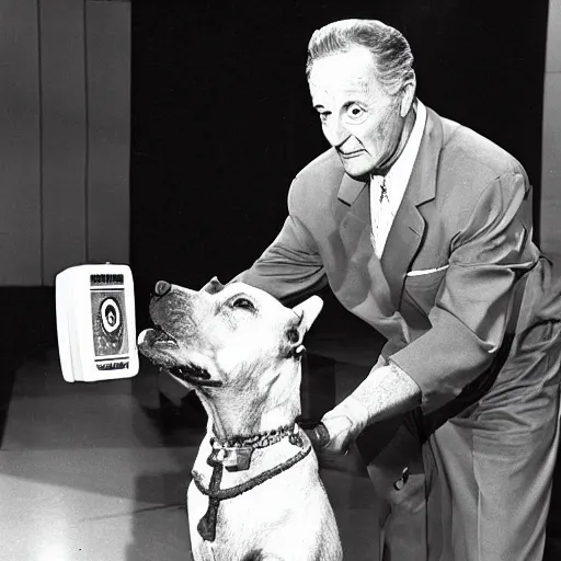 Image similar to bob barker preparing to spay price is right contestant's dog, tv footage, gameshow, 1 9 9 5