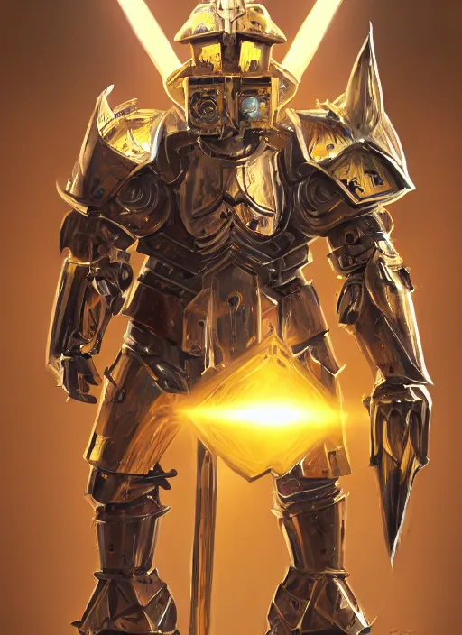 Prompt: dynamic attack position abstract portrait of a intricate glorious holy mechanical warforged character in yellow armor holding a paladin engraved great longsword drawn and carrying a big paladin shield, beam projector when eye is, face in focus, epic , trending on ArtStation, masterpiece, cinematic lighting, by Ross Tran and by Greg Rutkowski