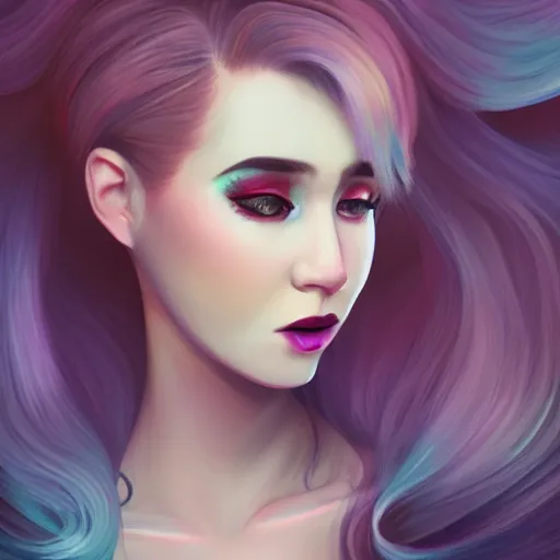 Image similar to portrait of a woman inspired by lois van baarle, illustration iridescent, iridescent hair, face, hair styles, light make up self confidence, cinematic 8 k