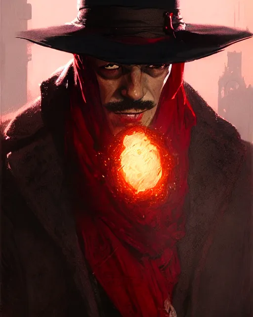 Prompt: mysterious lamont cranston, the shadow, black wide brimmed hat, red scarf across his face, pulp character portrait, ultra realistic, concept art, intricate details, highly detailed by greg rutkowski, gaston bussiere, craig mullins, simon bisley