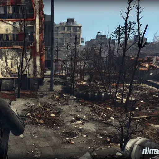 Prompt: Barcelona in ruins post-nuclear war in Fallout 4, in game screenshot