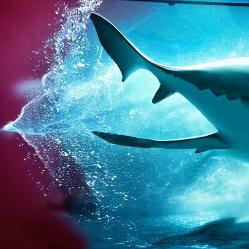 Image similar to water art manipulation of a giant shark on the ocean water, futuristic, glowing, hyper realistic, ray tracing, realistic water splashes, sharp focus, long shot, 8 k resolution, cinematic