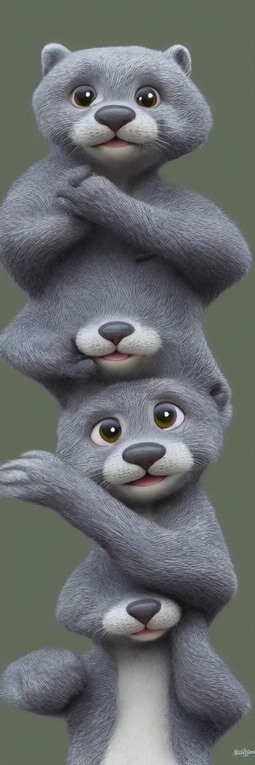 Image similar to lots of cute gray otters in the style of zootopia. volumetric lighting, subsurface scattering, hyperrealistic, render, hyperdetailed