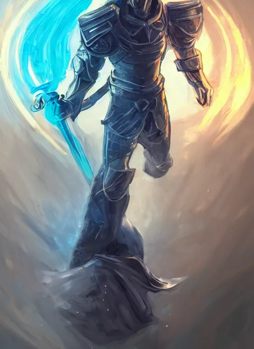 Prompt: character concept portrait of an attractive young intense dark haired wizard with a brand on his forehead and glowing blue eyes, wearing shining armour, conjuring a giant sword, a floating iridescent woman in the center, intricate, elegant, digital painting, concept art, smooth, sharp focus, illustration, from Metal Gear, by Ruan Jia and Mandy Jurgens and William-Adolphe Bouguereau, Artgerm