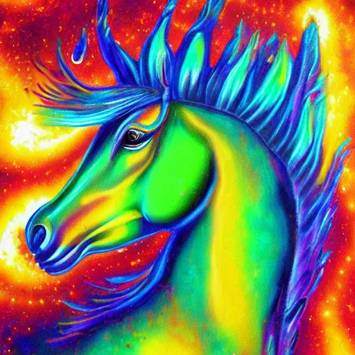 Image similar to psychedelic portrait painting of a horse emerging from a black hole in space