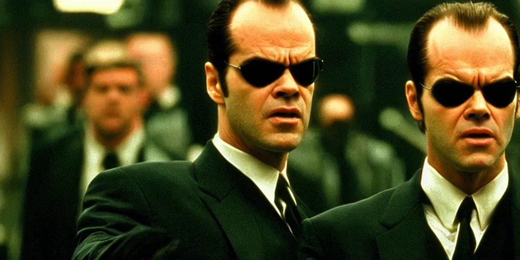 Image similar to Jack Nicholson as Agent Smith on the matrix, 1999, cinematic composition, cinemascope,