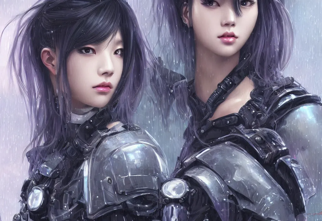 Image similar to portrait lisa blackpink + medium grey hair of futuristic police girl, black armored uniform, at futuristic cyberpunk color tokyo rainy night, ssci - fi and fantasy, intricate and very very very beautiful, highly detailed, digital painting, artstation, concept art, smooth and sharp focus, illustration, art by tian zi and wlop and alphonse mucha