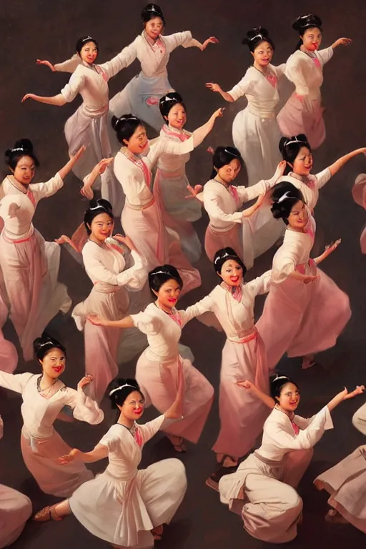 Prompt: top angle shot of group of asian females dancing, masterpiece painted by jc leyendecker, 8 k, high detail, fantasy art, dnd, artstation,