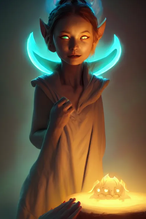 Prompt: Bioluminescent Demon summoner character concept, soft light, soft mood, realistic body features and face, illustration, painting oil on canvas by Elena Zhurikhina and Goro Fujita and Charlie Bowater, octane render trending on artstation, 4k, 8k, HD