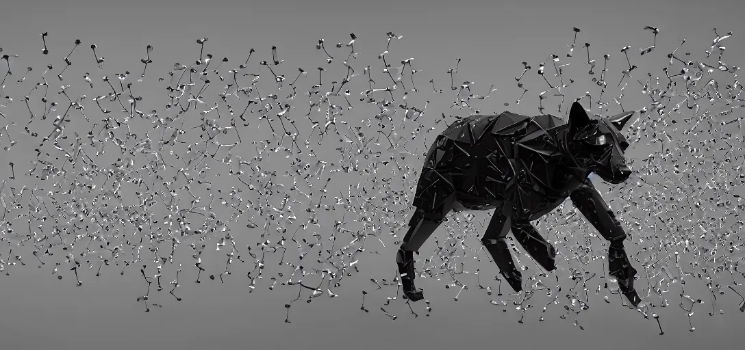 Image similar to nanobots swarm forming shapes, nanobots forming shapes of a cyborg dog, nanobots forming shape of a cyborg cat, monochrome, ferroluid, hybrid, black and white artistic photo, artstation, futuristic