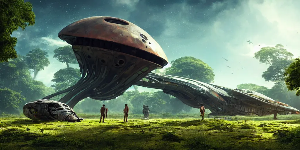 Image similar to a huge futuristic rusty abandoned old alien spaceship, next to it a smaller exploration vehicle on a landing pad, surrounded by a lush alien jungle, in the foreground two explorers are arguing, clear skies, volumetric light, hyperdetailed, artstation, cgsociety, 8k