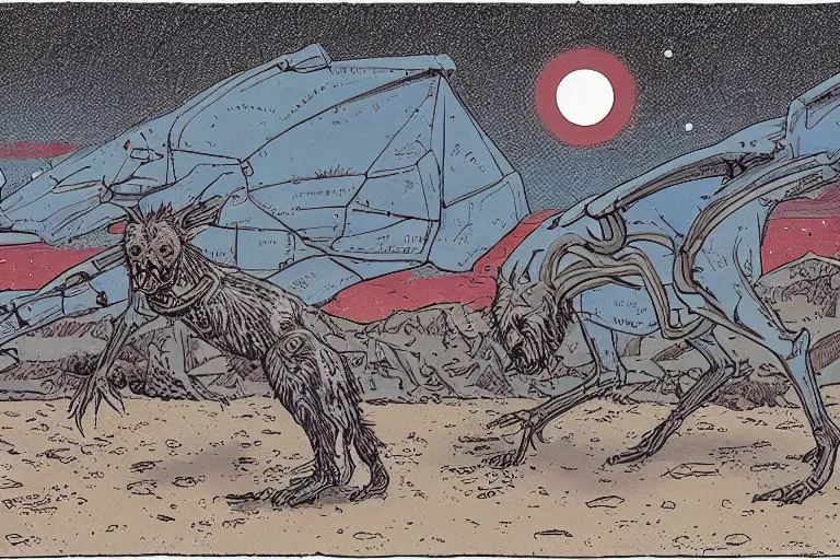 Image similar to monstrous evil xoloitzcuintli dog in the space atacama desert at dusk, hungry and drooling, cracking bones, near a retro - futuristic train station, futuristic comic book by moebius, william stout, katsuya terada