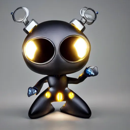 Prompt: a highly detailed vinyl figure with lighting bolts coming out of its eyes, square nose, electric eyes, sparking eyes, realistic lighting, realistic reflections, amazing