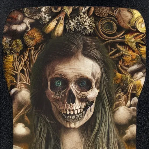 Prompt: a beautiful detailed front view portrait of a rotten woman corpse becoming a skull with fractal plants and fractal flowers and mushrooms growing around, baroque, volumetric light, beautiful lit, polaroid photography