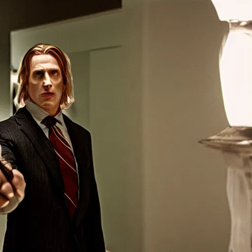 Image similar to arthas menethil as the american psycho, cinematic still