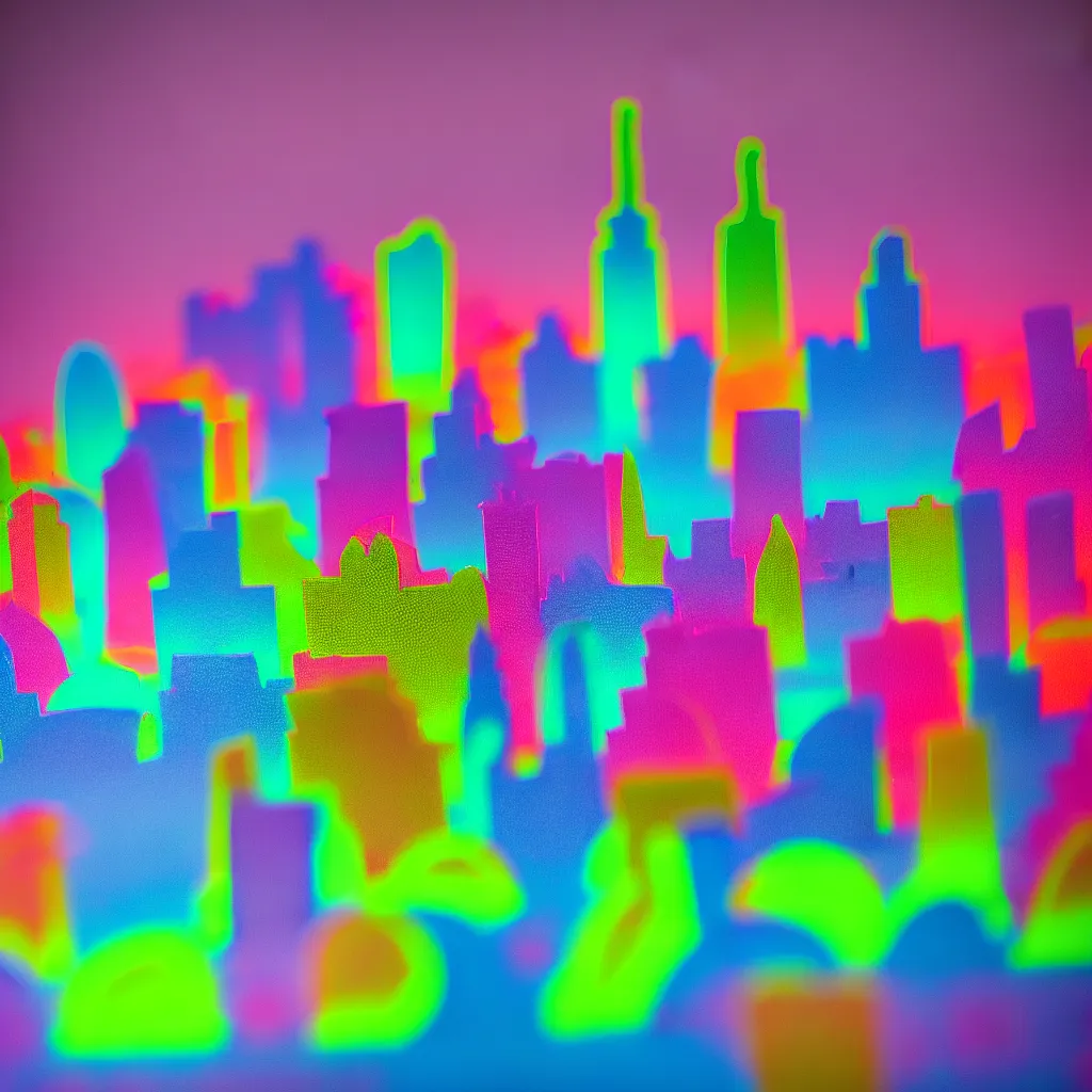 Prompt: neon plasticine city skyline in the smog, cute colors backlit