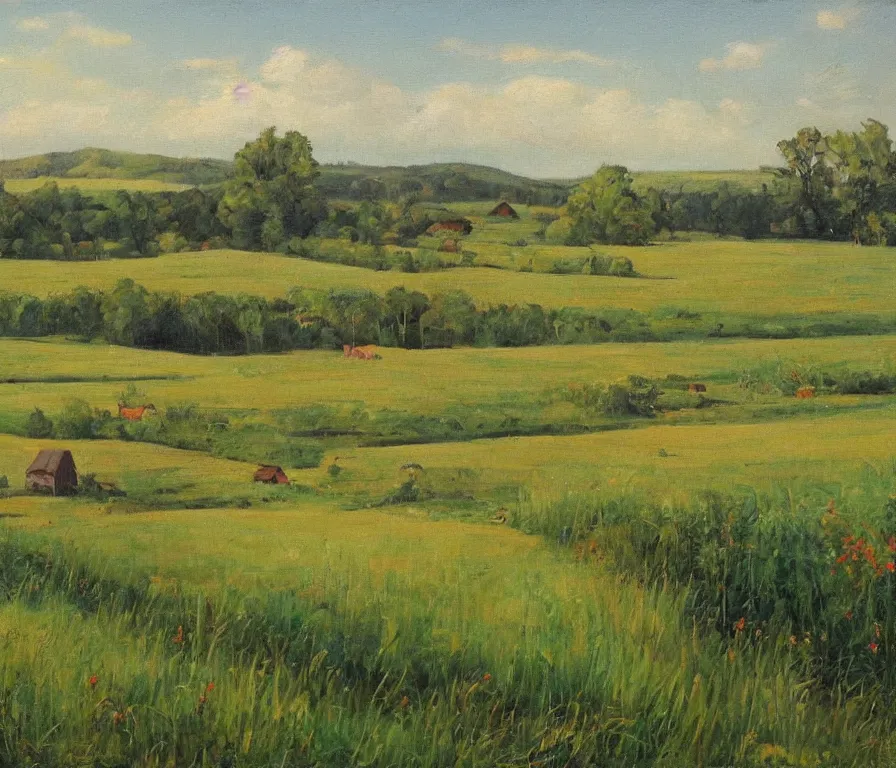 Prompt: beautiful view of a peaceful ukrainian farm landsape. art by isaac leitan and ivan shiskin, oil on canvas