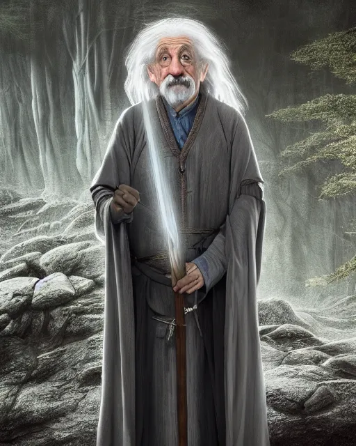 Image similar to Albert Einstein as Gandalf, Lord of the Rings, elegant robe, portrait art, wooden glowing staff, dark fantasy forest, fine details, perfect, 8k high detail, masterpiece, trending on ArtStation