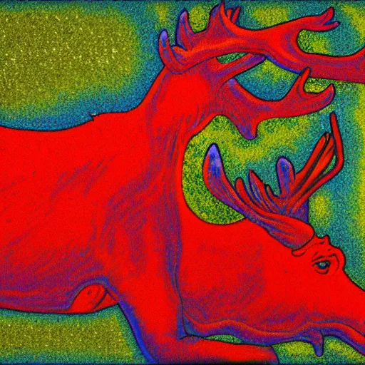 Image similar to sleepy red moose, psychedelic, hein edelmann,