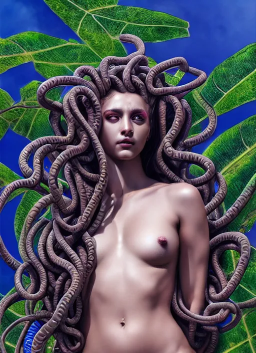 Image similar to photo of a medusa in the style of stefan kostic, realistic, full body shot in bikini, sharp focus, 8 k high definition, insanely detailed, intricate, elegant, art by stanley lau and artgerm, extreme bokeh foliage