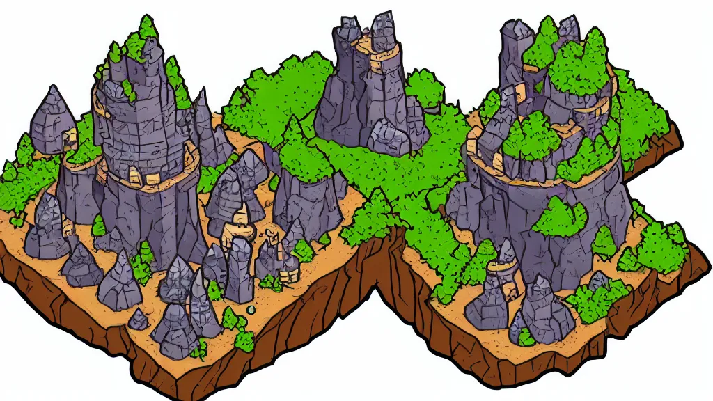 Image similar to Isometric view of a wizard tower surrounded by different kinds of gem mines and ominous caves, lineart, colored