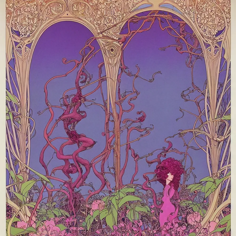 Image similar to ( ( ( ( beautiful strange forest and flowers surrounded by an art nouveau style decorative frame ) ) ) ) by mœbius!!!!!!!!!!!!!!!!!!!!!!!!!!!, overdetailed art, colorful, record jacket, no human